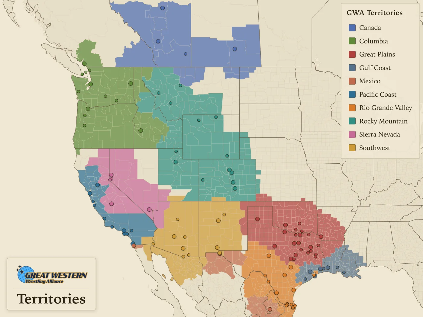 GWA Territories Map — 14 regional wrestling territories spanning the American West from 1957 to 1993